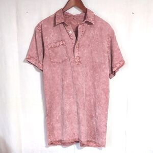 Stonewashed Pink Quarter Button Collared Tunic Raw Hem Size Medium